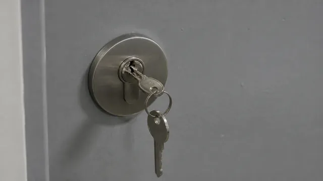Cerradura recién instalada en una puerta de piso, detalle del escudo y la llave insertada.